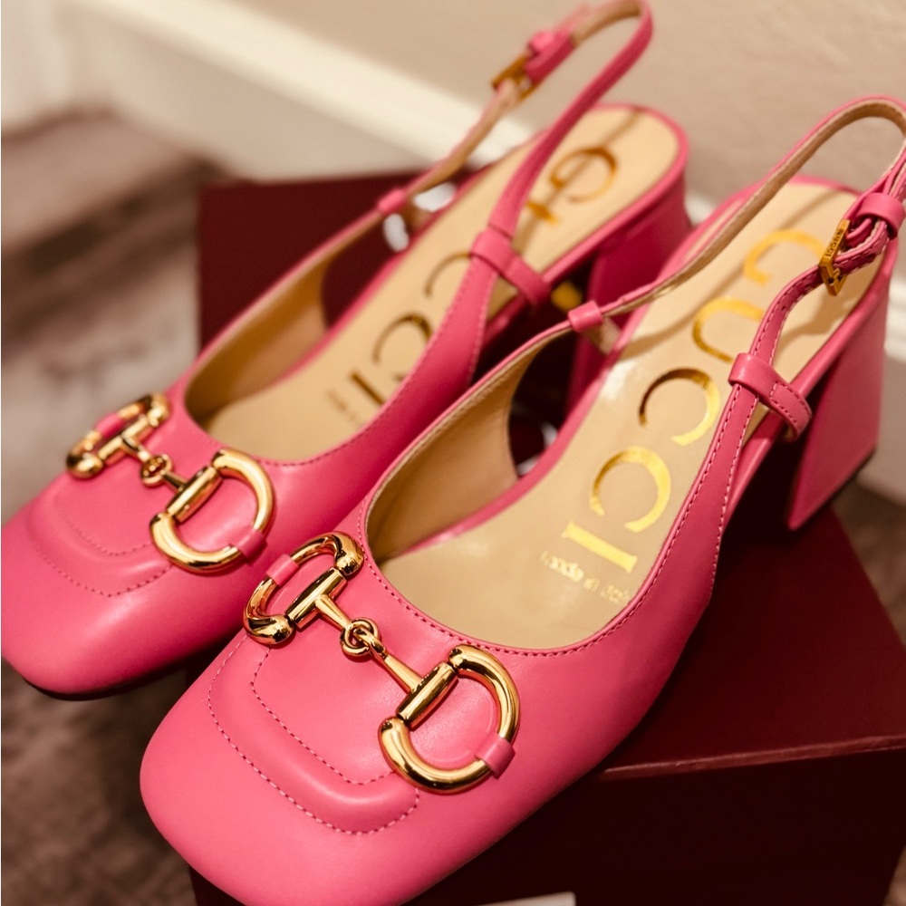 Gucci Pink “Bit” Heels with Gold Accents